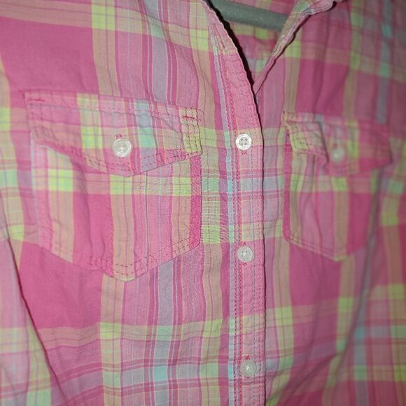 AEROPOSTALE Y2K PINK GREEN BLUE PLAID BUTTON DOWN SHIRT SIZE SMALL - Picture 2 of 5